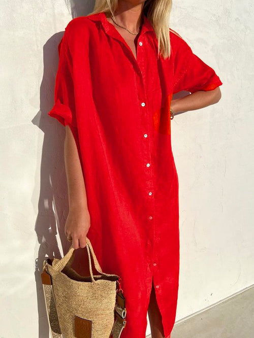 Women's Casual Dress Loose Shirt Collar Short Sleeve Cotton Mini Dress
