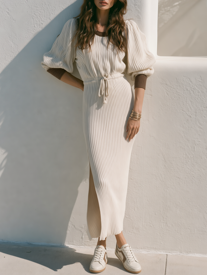 Off-white belted knit midi dress with a fitted waist