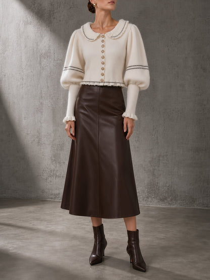 Cream Peter Pan Collar Cardigan & Chocolate Leather Midi Skirt Set