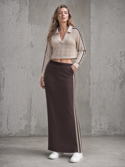 Beige Pointelle Knit Polo & Brown Side-Stripe Maxi Skirt Set