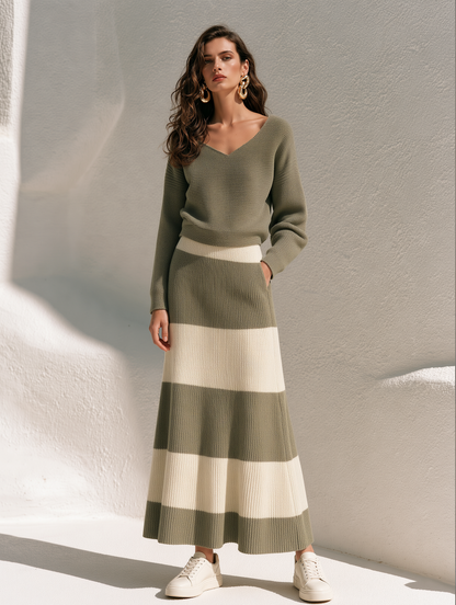 Loose V-neck Knit Sweater And Loose Knit Maxi Skirt Set