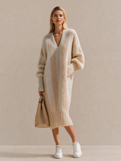 Beige Vertical-stripe V-neck Knit Sweater Dress