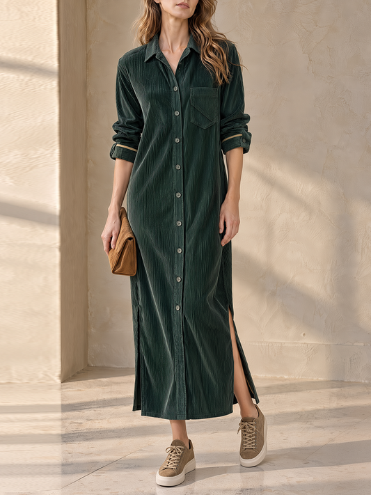 Dark Green Corduroy Long Sleeve Button-Up Maxi Shirt Dress
