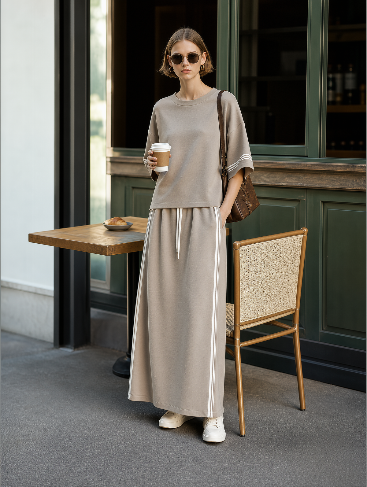 Women's Fashionable Casual Light Khaki Color-block T-shirt And Long Skirt Set