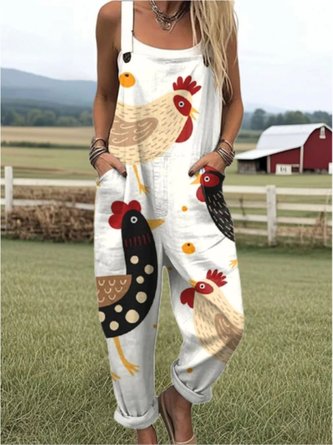 Women Animal Square Neck Gallus Casual Summer Cotton And Linen Jumpsuits