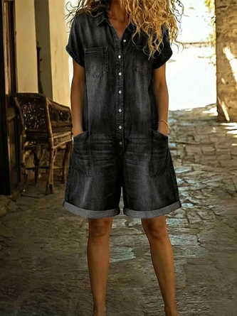Women Plain Shawl Collar Short Sleeve Vintage Summer Denim Jumpsuit