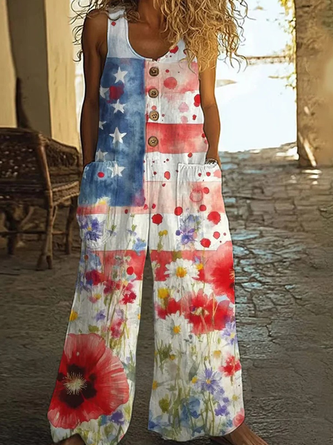 Women Floral Crew Neck Sleeveless Casual Summer Cotton Jumpsuit