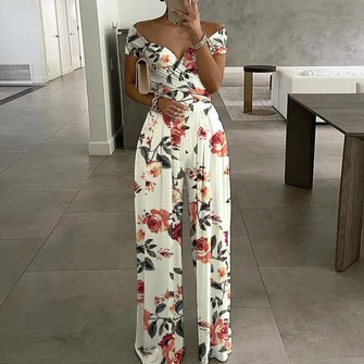 Women Short Sleeve Off The Shoulder Regular Fit Long Printing Daily Casual Striped High Waist T-Shirt Jumpsuit