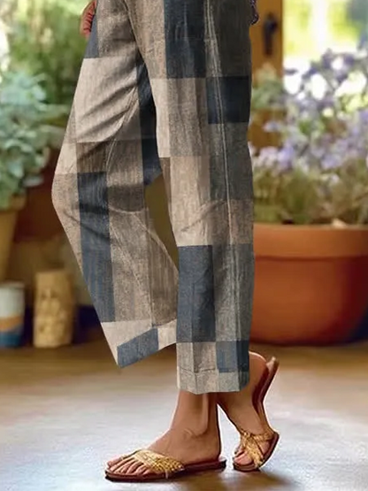 Women Abstract Plaid Long Pants Casual Spring/Fall Trousers