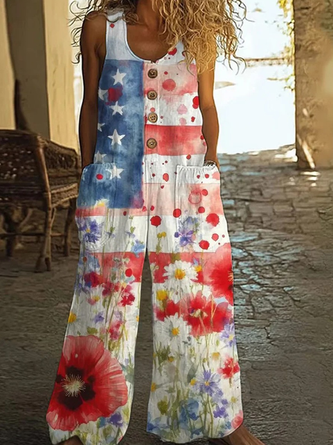 Women Floral Crew Neck Sleeveless Casual Summer Cotton Jumpsuit