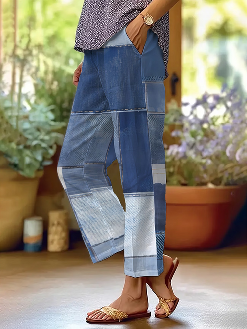 Women Faux Denim Print Graphic Long Pants Casual Spring/Fall Trousers
