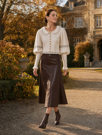 Cream Peter Pan Collar Cardigan & Chocolate Leather Midi Skirt Set