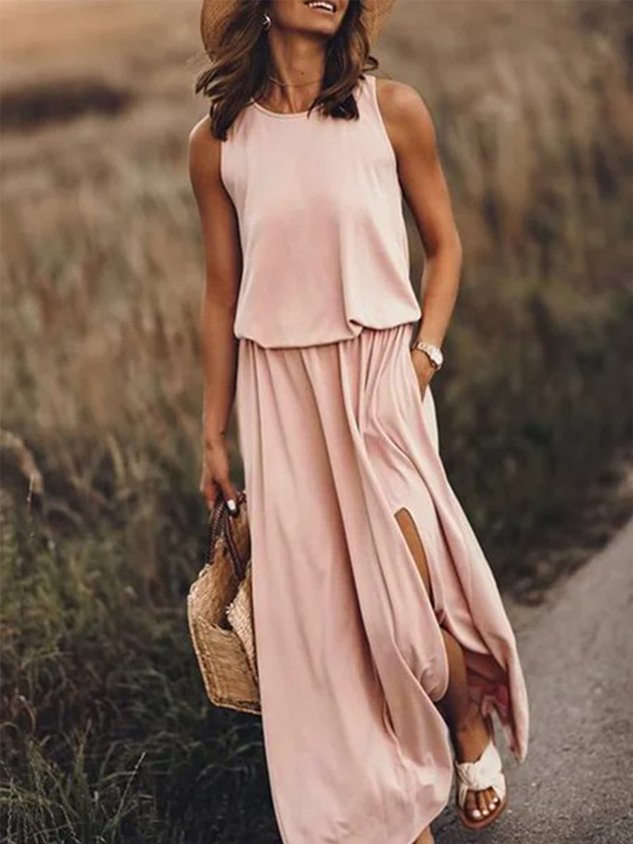 Women's Round Neck Solid Cotton-Blend Boho Maxi Dress