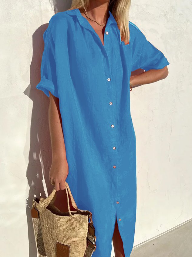 Women's Casual Dress Loose Shirt Collar Short Sleeve Cotton Mini Dress