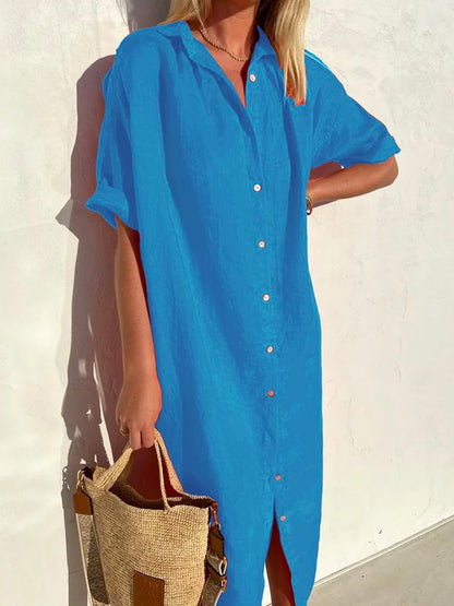 Women's Casual Dress Loose Shirt Collar Short Sleeve Cotton Mini Dress