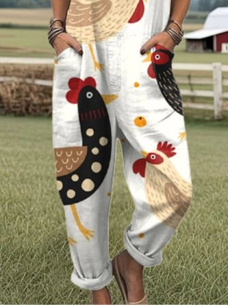 Women Animal Square Neck Gallus Casual Summer Cotton And Linen Jumpsuits