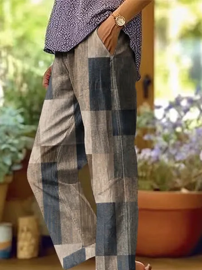 Women Abstract Plaid Long Pants Casual Spring/Fall Trousers