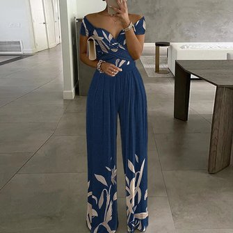 Women Short Sleeve Off The Shoulder Regular Fit Long Printing Daily Casual Striped High Waist T-Shirt Jumpsuit