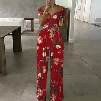 Women Short Sleeve Off The Shoulder Regular Fit Long Printing Daily Casual Striped High Waist T-Shirt Jumpsuit