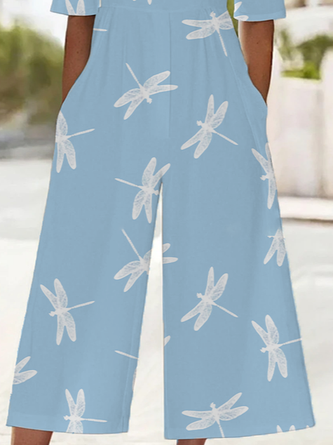 Women Dragonfly V Neck Half Sleeve Casual Summer Jumpsuit
