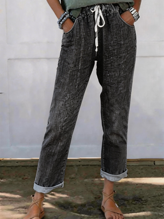 Women Faux Denim Print Graphic Long Pants Vintage Spring/Fall Trousers