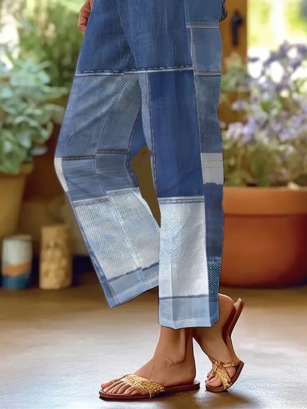 Women Faux Denim Print Graphic Long Pants Casual Spring/Fall Trousers