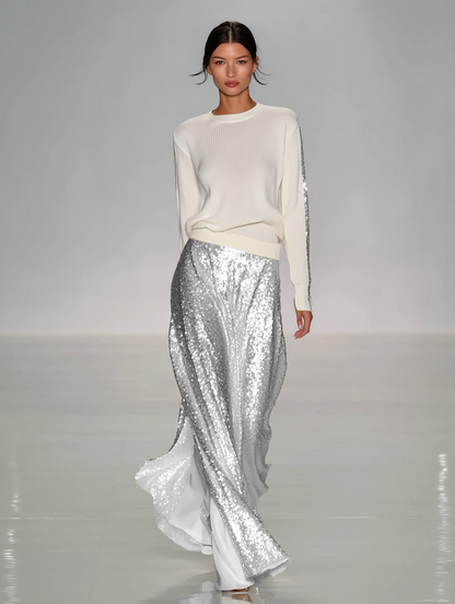 Women's Fashionable Casual Round Neck Knitted Top With Sequined Long Skirt Suit