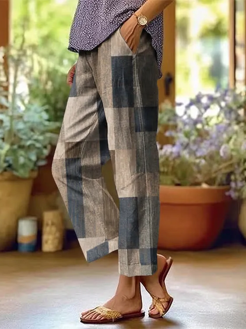 Women Abstract Plaid Long Pants Casual Spring/Fall Trousers