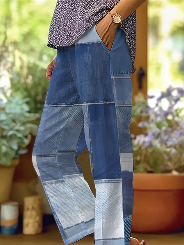 Women Faux Denim Print Graphic Long Pants Casual Spring/Fall Trousers